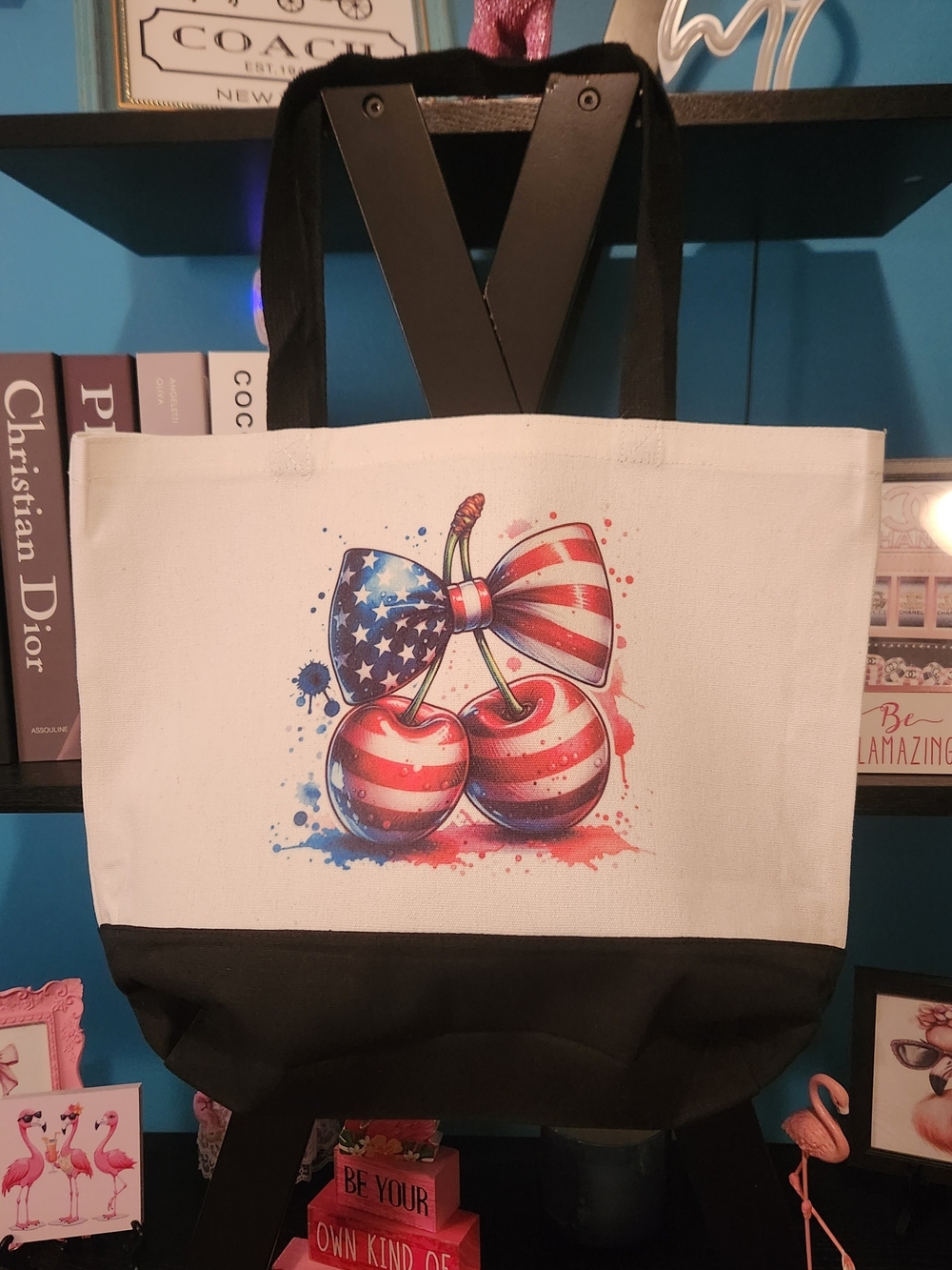 Canvas Tote Bag with American Flag Cherry Print - Hand Crafted